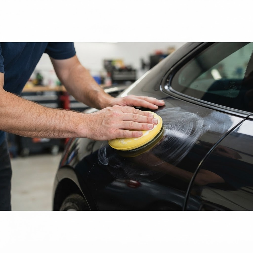 Hands applying wax to a car's glossy dark paintwork